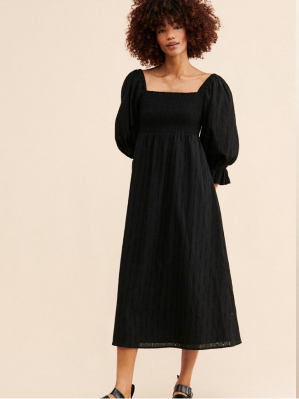 Hutch Eyelet Black Smocked Midi Dress size Small